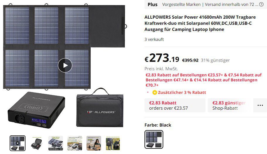 ALLPOWERS Solar Power 41600mAh 200W Tragbare Kraftwerk-duo mit Solarpanel 60W,DC,USB,USB-C Ausgang für Camping