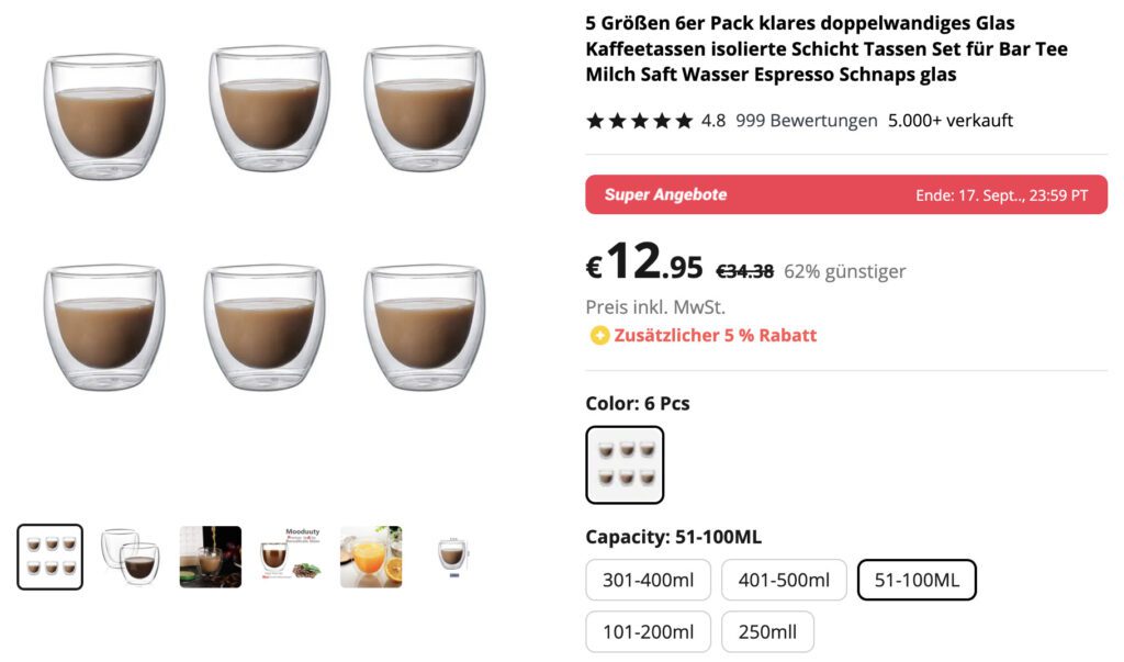5 Größen 6er Pack klares doppelwandiges Glas Kaffeetassen isolierte Schicht Tassen Set für Bar Tee Milch Saft Wasser Espresso Schnaps glas